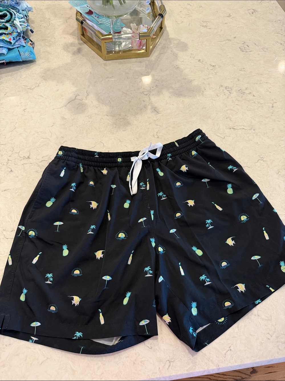 chubbies Black Swim Trunks with Lime & Teal Tropical Icons